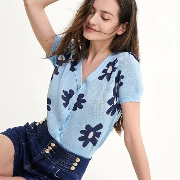 J.ING Tops - J.ing Light Sky Blue Floral Print Button-Up Cropped Cardigan